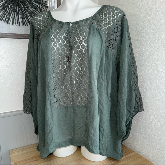 free People M Green Tinic Top Blouse Boho Lagenlook lace Cottage Core Casual - Picture 3 of 10